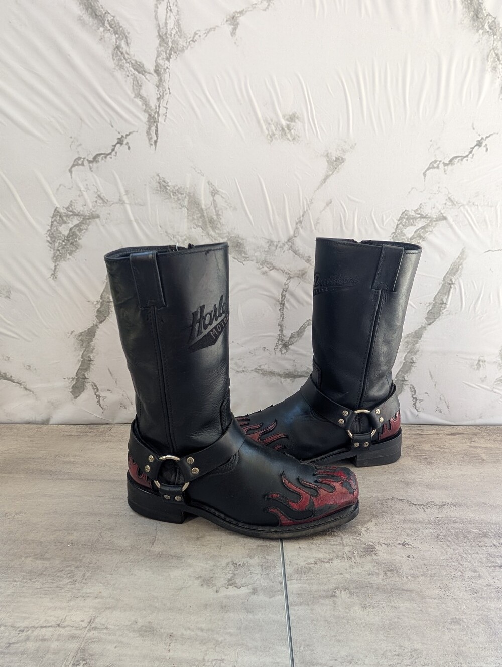 Rare Vintage Harley Davidson Harness Flame Overlay Mens Leather Boots 10.5
